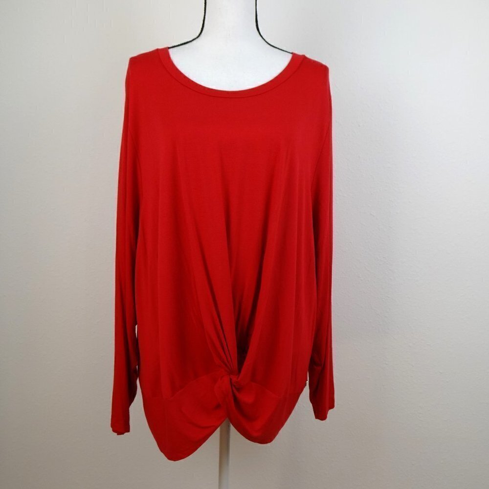 Calvin Klein Twist Front Knot Top Plus Women's 3X Red Long Sleeve Stretch